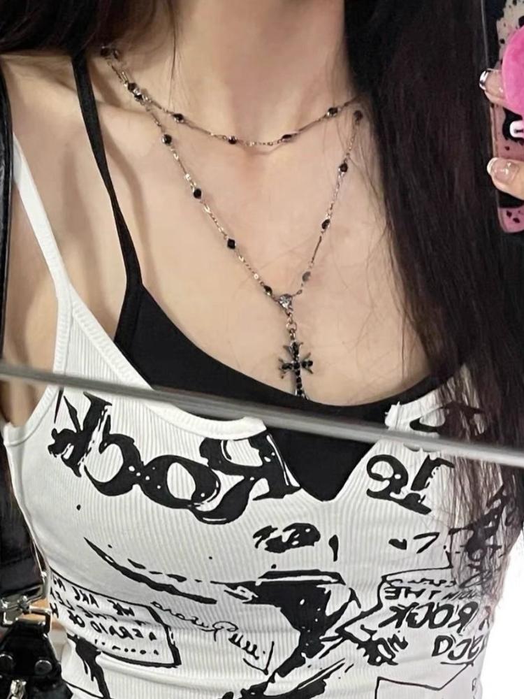 2/1Pcs Spicy Girls Gothic Lolita Cross Pendant Necklace Punk Women Sweet Cool Double Layer Beaded Chain Jewelry Accessories