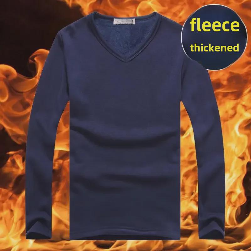 Men's Plus Size Thermal V-Neck Long-Sleeve Shirt: Slim Fit Fleece Top for Autumn and Winter