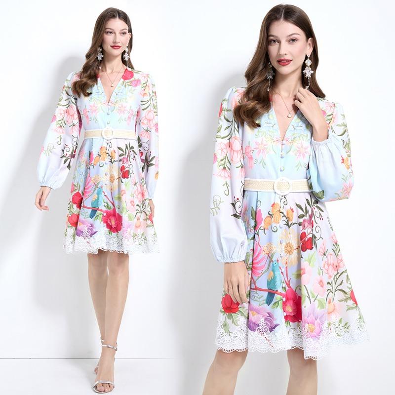 Spring Autumn Women V-neck Print Lace Patchwork Mini Short Chic Beach Holiday Dresses With Belt