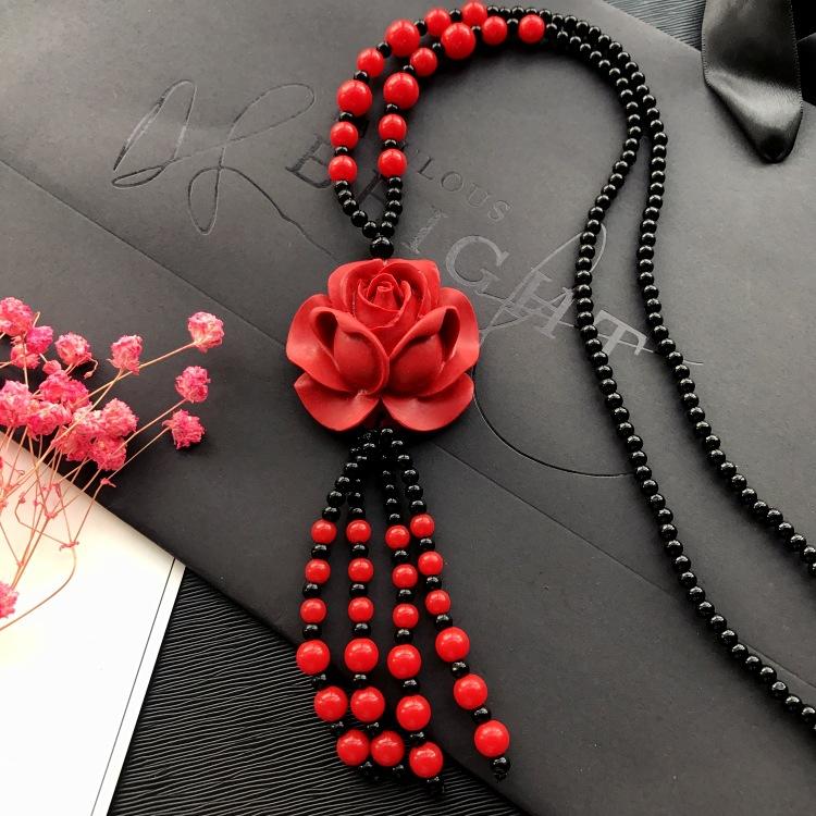 New Vintage Versatile Red Cinnabar Sweater Chain Natural Long Female Rose Necklace Pendant Accessories