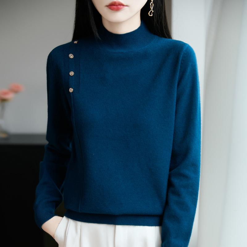 Women's Mock Neck Knit Sweater Button Decor Long Sleeve Solid Color Base Layer Top