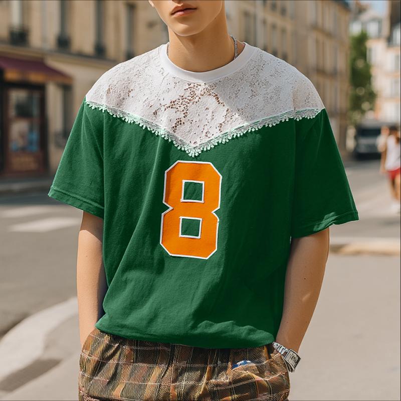 

INCERUN Men Lace Patchwork Neck Short Sleeve Letter Print Casual T-shirts Tops S зелёный