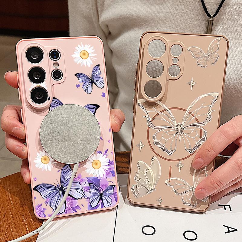 Coque à Motif Fleurs Papillons Pour Samsung Galaxy S26 Ultra S25 Edge S24 Plus S23 FE S22 A17 A54 A55 A56 A57 5G Magnétique Pour Magsafe Housse Mate