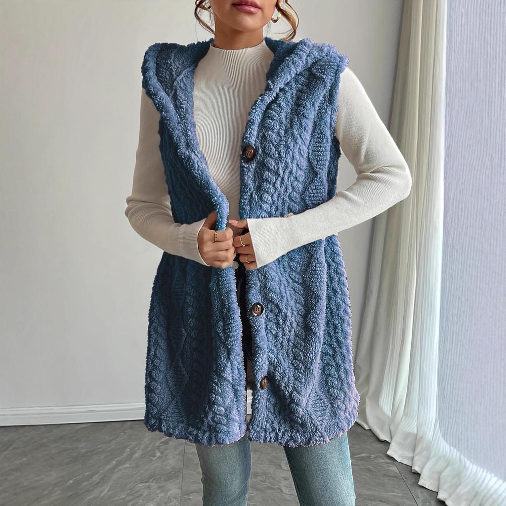 Popular Style Solid Color Plush Hooded Button Cardigan - Women's Autumn/Winter Casual Vest