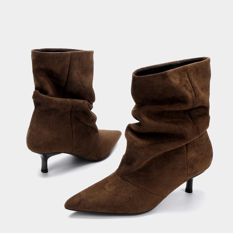 Liyke Hnědé Retro Elegantní Designové Kotníkové Boty Dámské Módní Skládané Semišové Podzim Zima Nízké Tenké Podpatky Párty Plesové Chelsea Boty
