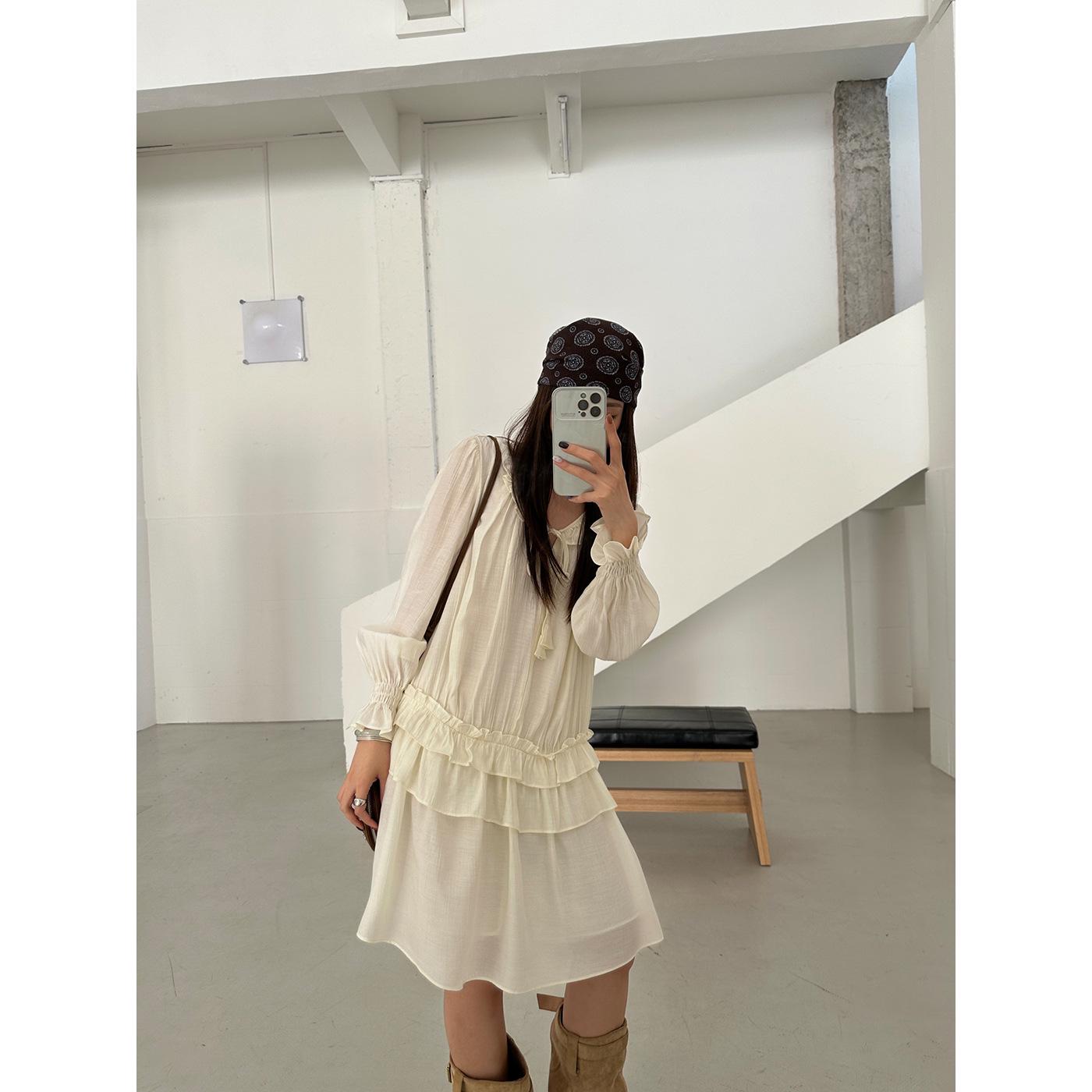 

New Bohemian Ruffled Collar Loose-Fit Long Sleeve Dress for Women - Spring Arrival F абрикосовий