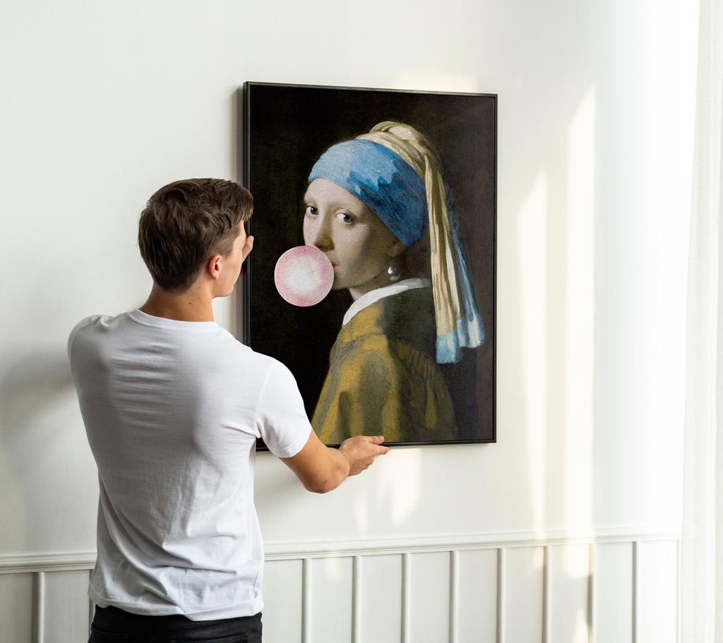 Poster Mädchen mit Ballon Vermeer in schwarzem Rahmen 