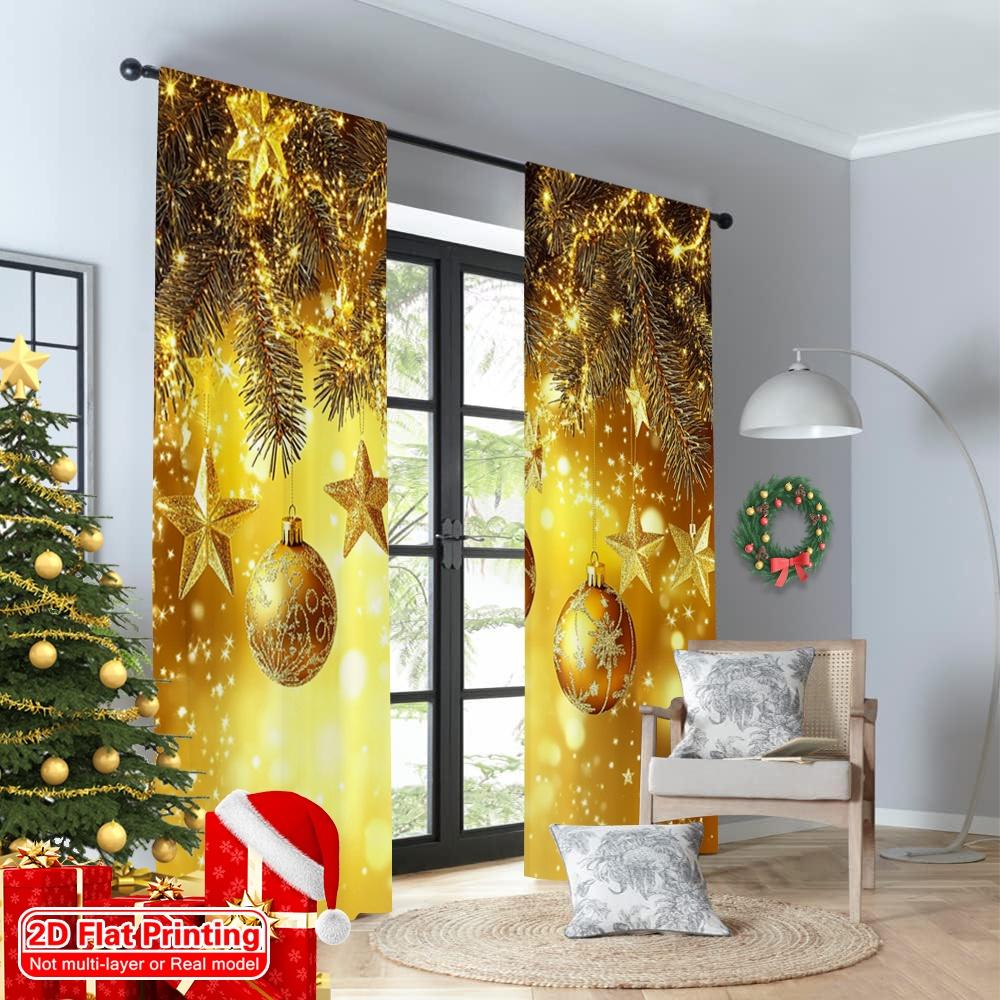 Set Of 2 Flat Printing Christmas Hot Party Curtains Golden Deluxe Ball Scopic Stylish Polyester Fiber Spring Curtain