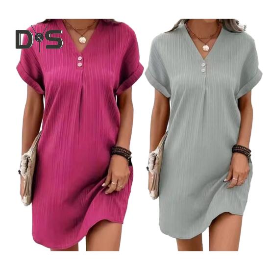 Damen Sommer Hemdkleid Lässig V-Ausschnitt Kurzarm T-Shirt Kleid Strandurlaub Mini Shift Sommerkleid