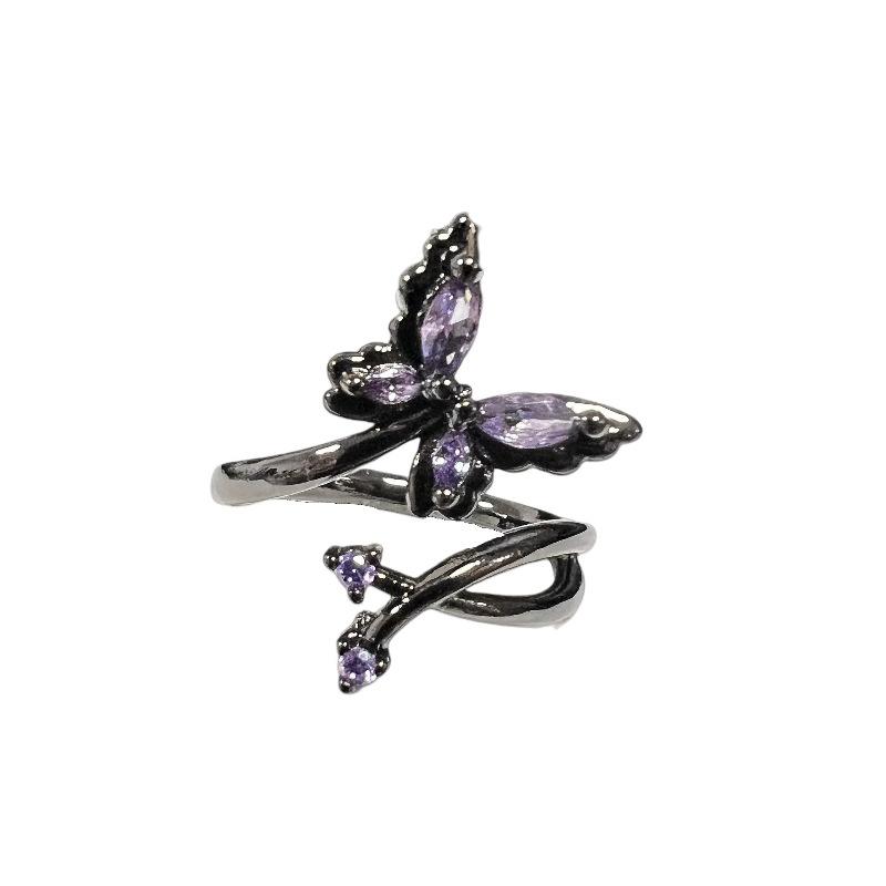 Punk Dark Style Personality Purple Diamond Inlaid Zircon Butterfly Open Ring Stacked With Niche Design High-End Ring Woman