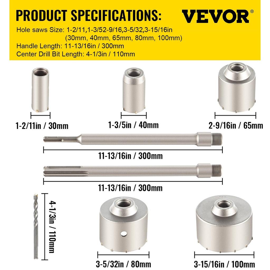 Concrete Hole Saw Kit, 30/40/65/80/100mm Drill Bit Set SDS Plus or SDS Max Shank Wall Hole Cutter with 11.8"/300 mm Connecting Rod for Brick,