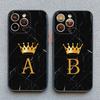 Crown Letter A To Z Phone Case For Iphone 16 13 14 15 Pro Max 11 12 8 7 Plus SE20 X XR XS Marble Pattern Black Shockproof Cover