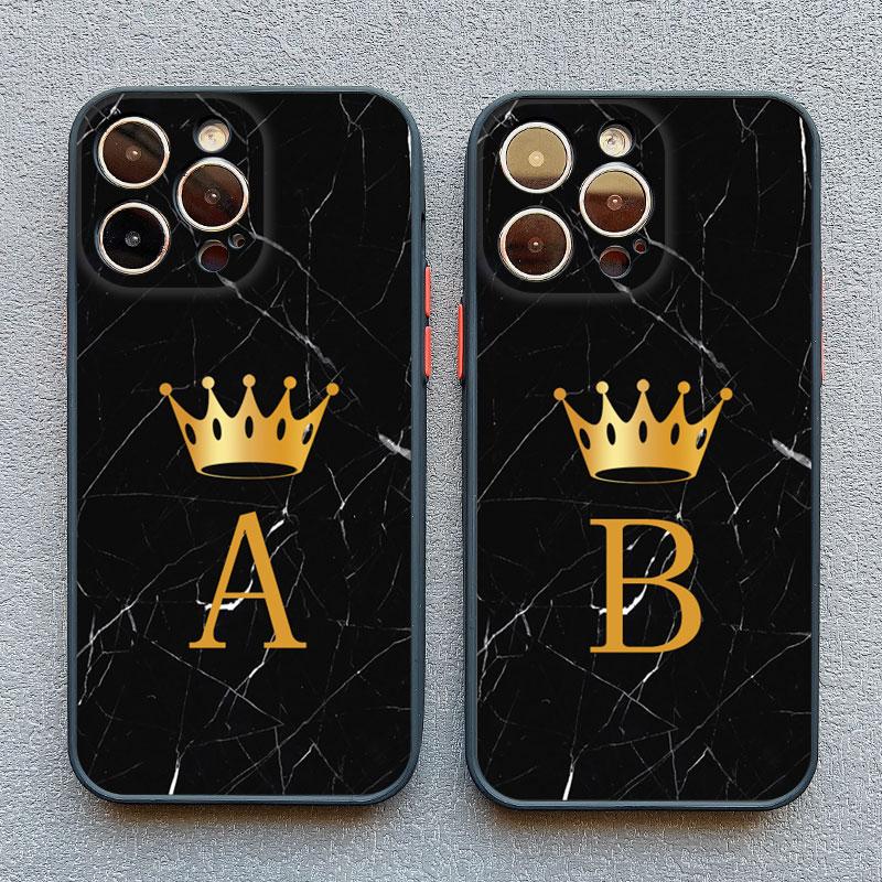 Crown Letter A To Z Phone Case For Iphone 16 13 14 15 Pro Max 11 12 8 7 Plus SE20 X XR XS Marble Pattern Black Shockproof Cover
