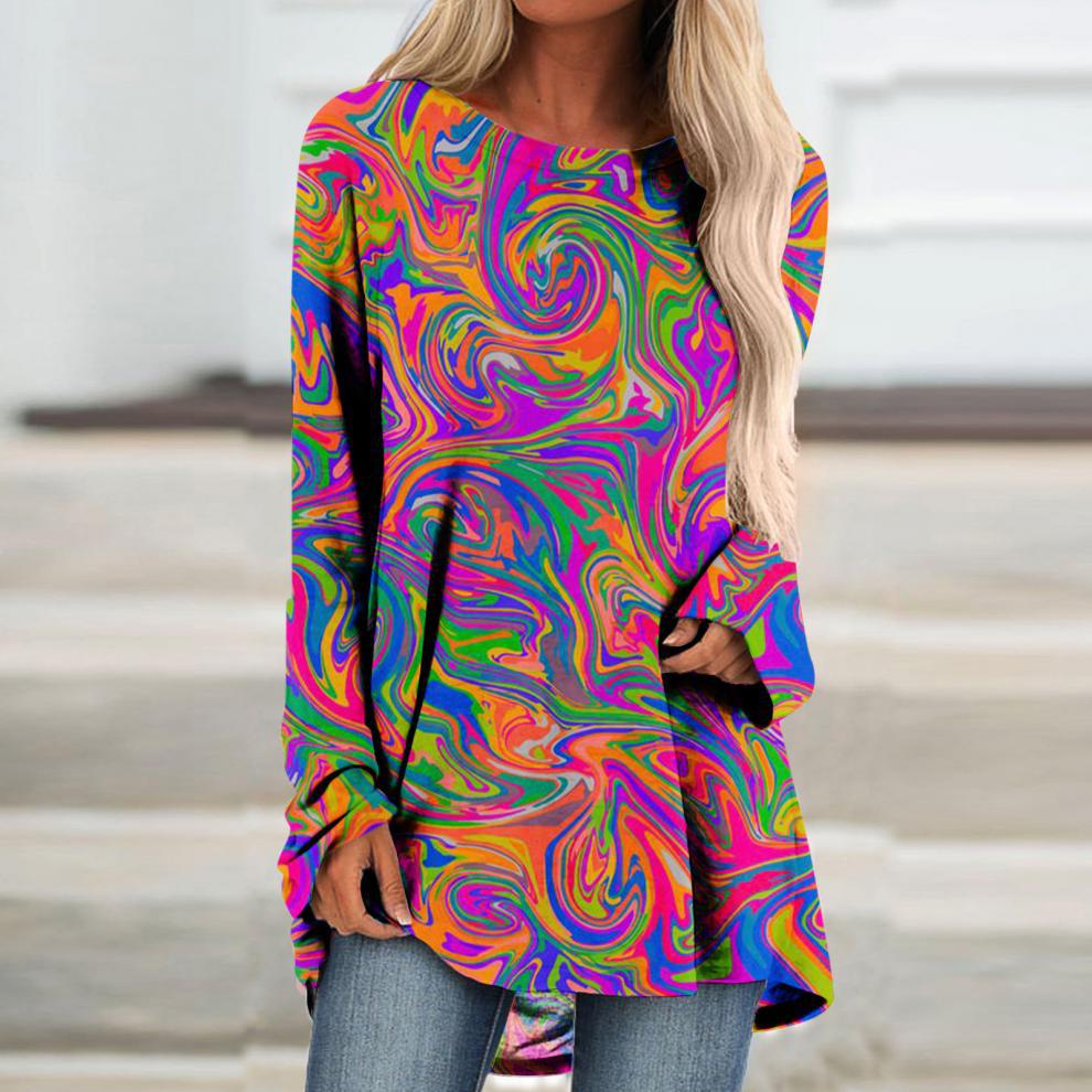 

Женская футболка Color Fusion Casual Weekend Graphic Patterned Active Streetwear с длинным рукавом и круглым вырезом Essential XS-8XL 7XL