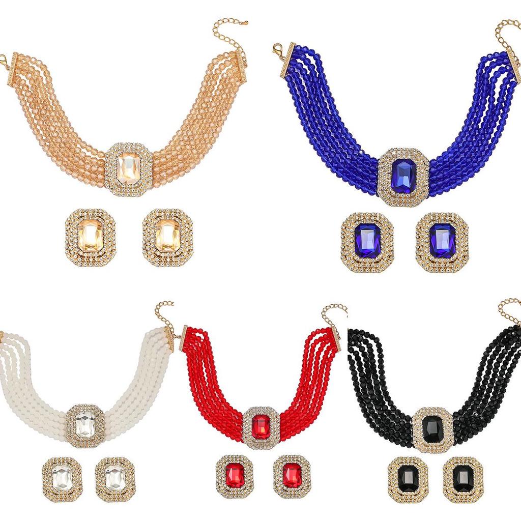 Set Colier Choker Geometric Rectangular din Sticlă de Cristal Multistrat de Lux și Cercei