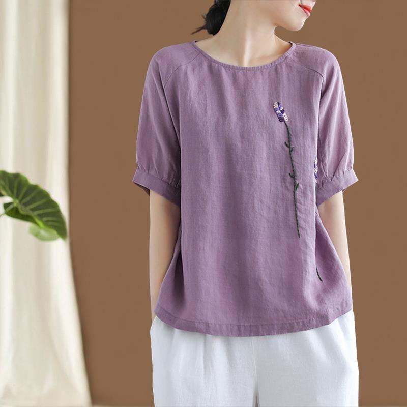 Women Summer New Large Loose Casual Round Neck Short Sleeve T-shirt with Artistic Retro Floral Embroidery In Linen Cotton Blend