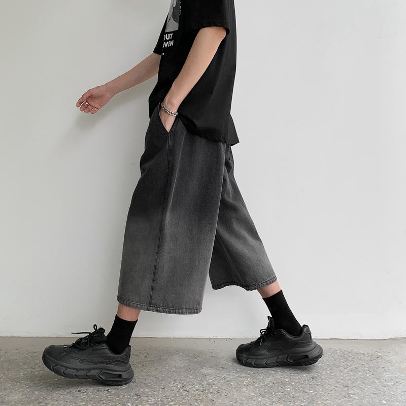 2023 Summer New Casual Calf-length Men's Jeans Pants Harajuku Elastic Waist Solid Color Baggy Jeans For Man