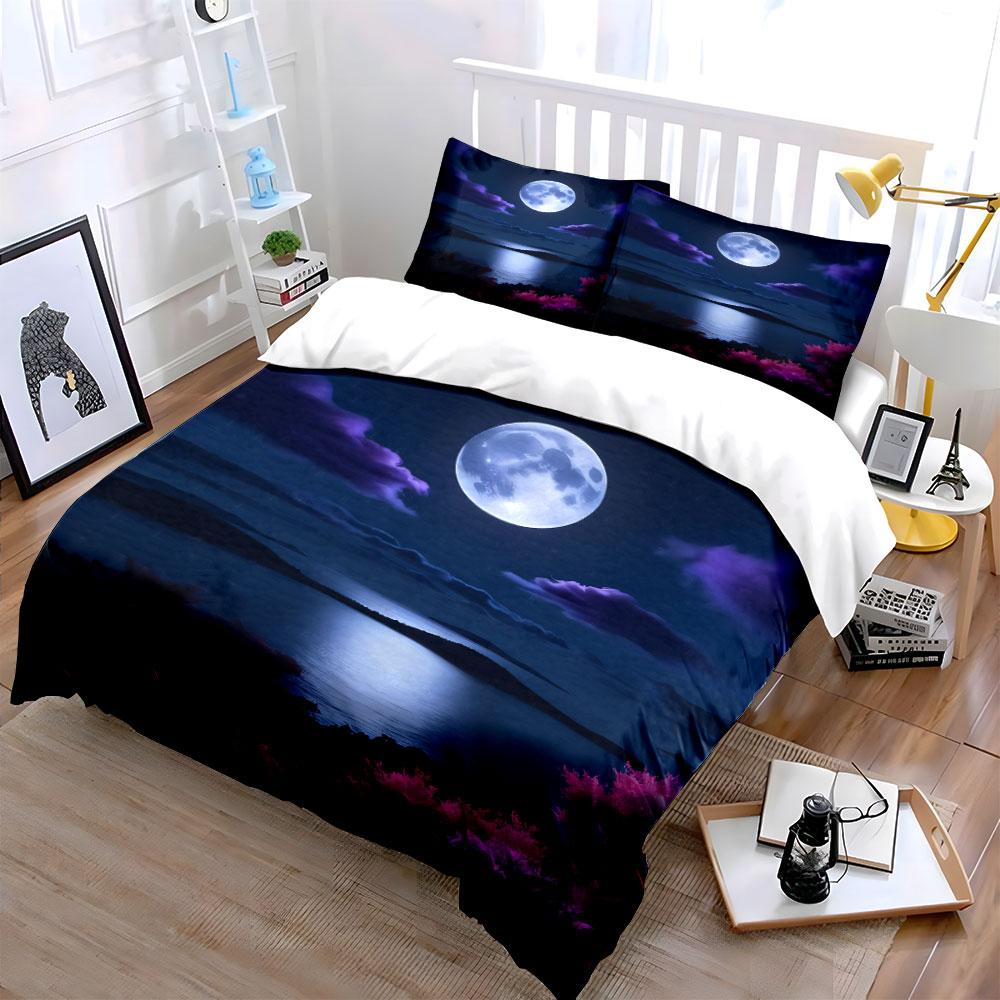 Moonlit Night Landscape Decor Soft Comfortable Duvet Cover Bedding Set Included 1*Duvet Cover & 2*Pillowcases, Gift