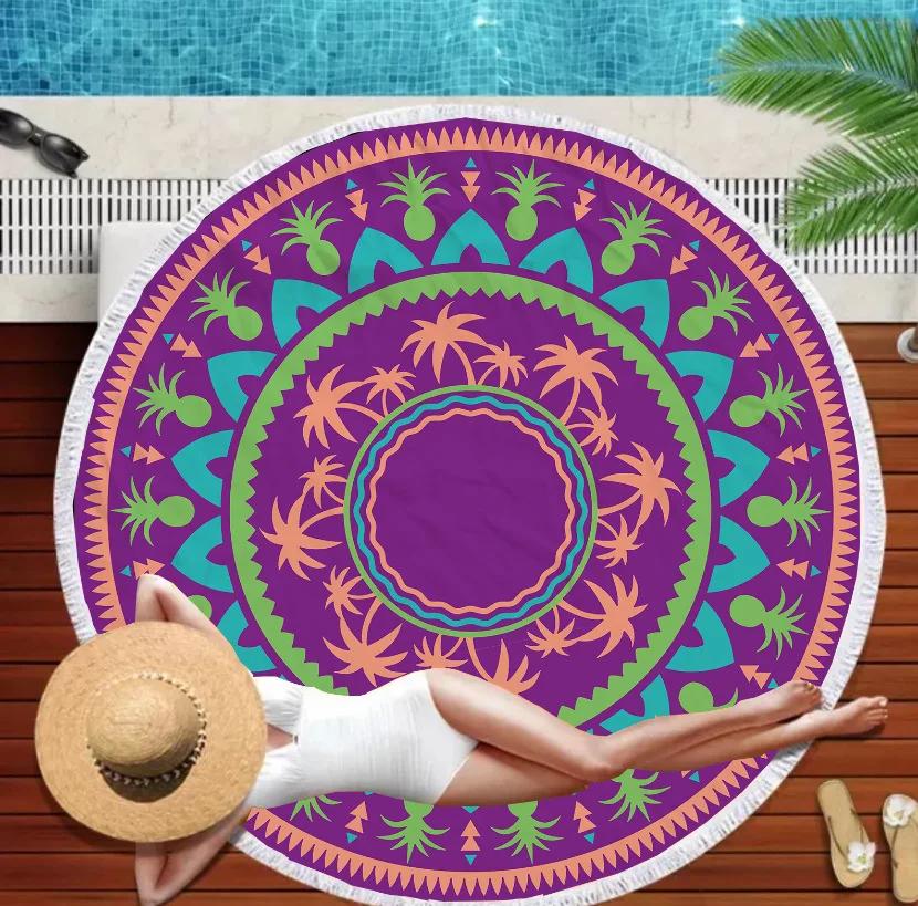 Serviette de Plage Ronde Mandala Marin Monde Sous-Marin Épaisses Serviettes de Douche Bain Microfibre Été Bouée de Natation Tapis de Yoga 3D Avec Pompons