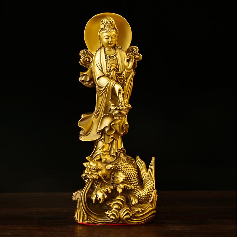 Dragon Guardian Standing Guanyin Bodhisattva Bronze Home Living Room Office Desktop Buddha Statue C