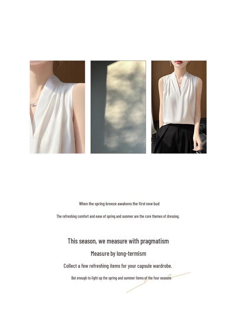 2026 Spring/Summer Silk Satin V-neck Sleeveless Solid Color Tank Top