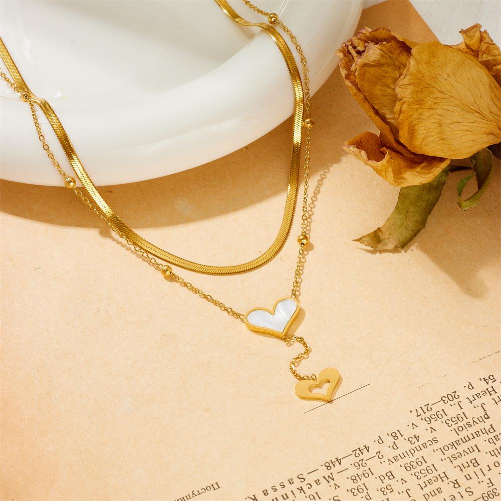 Women's Titanium Steel Heart Double Layer White Shell Choker - Niche Design High-End Feel with Tassel Hip Hop Jewelry