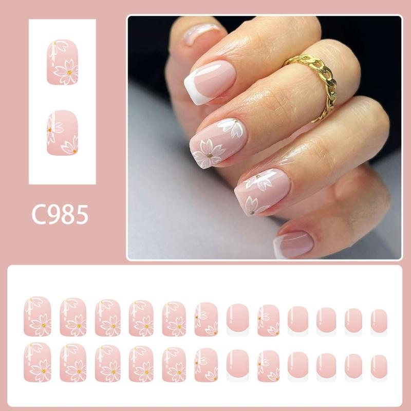 24pcs Press on Nail Flower False Nail With Short Shape And Glossy Finish Acrylic Nail Decoration for Wedding Parties