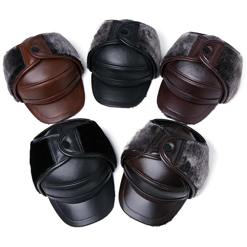Men Genuine Leather Winter Hat Thick Warm Trapper Cap with Fur Ear Flaps Outdoor Windproof Bomber Aviator Hat Brown for Elderly