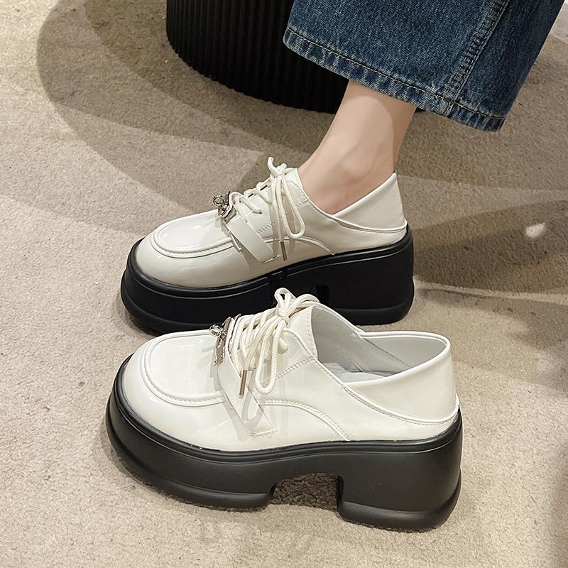 fashion 2024 Lace Up Spring Women Pumps Black Loafers Chunky 7.5CM High Heels High Platform British Autumn Ladies Thick Bottoms Shoes