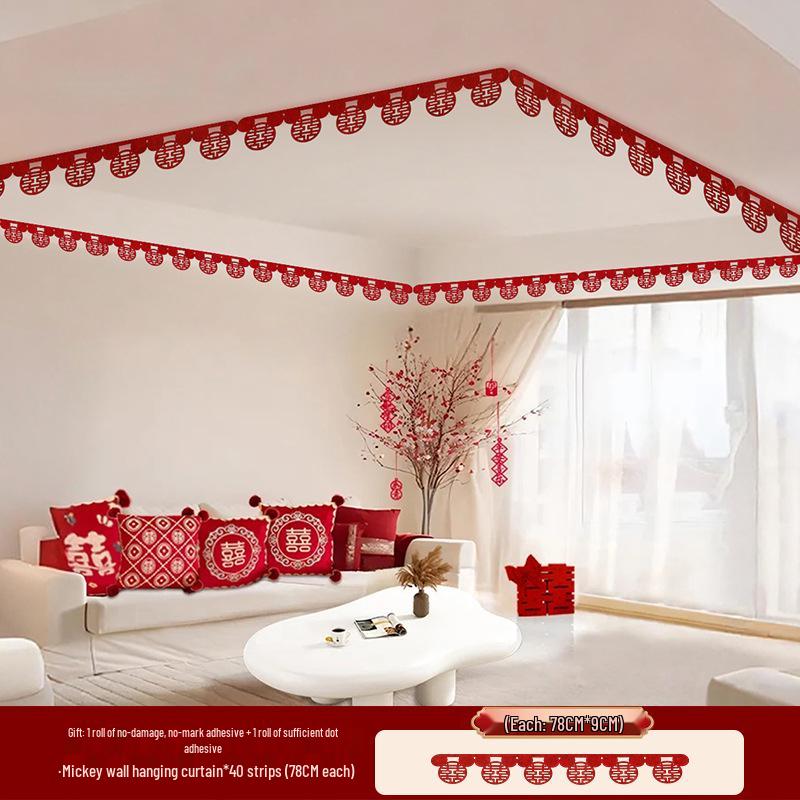 Wedding Room Decoration Set: Double Happiness Ceiling and Groom's Arrangement