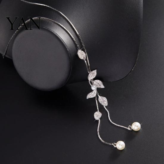 Exquisite Necklace Faux Pearl Tassel Leaves Pendant Accessories Sweater Chain Jewelry Gift for Women