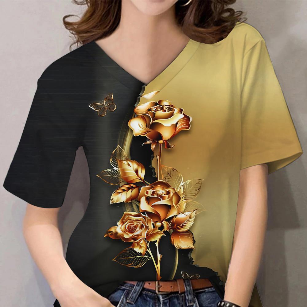 3D Floral Print Women Short Sleeve Tops V Neck Summer Lovers Couples T Shirt