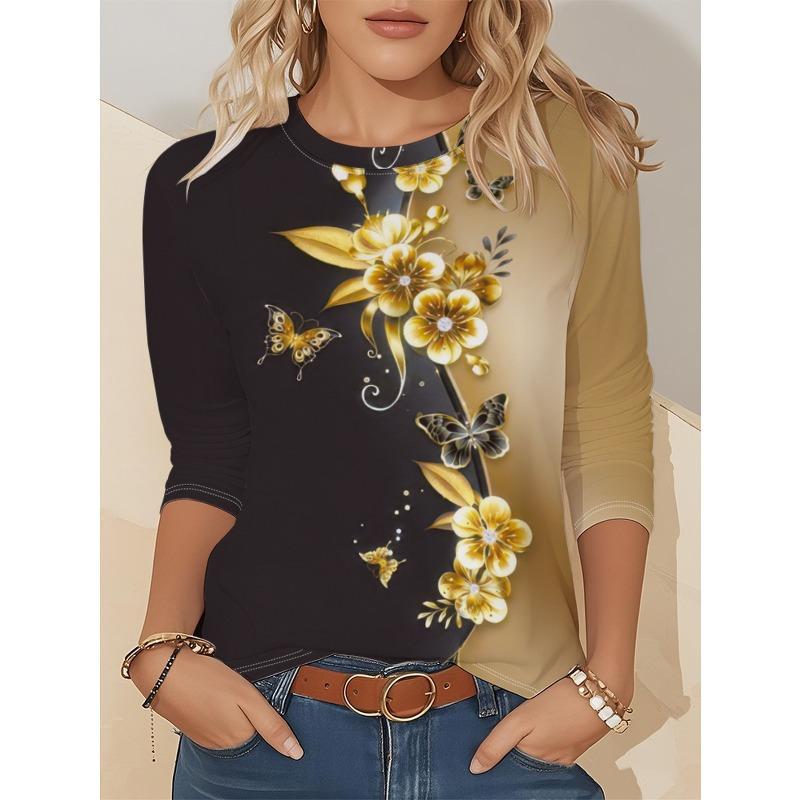 

Flower butterfly suer women s clothing new trend rainbow color printing round neck long sleeve S