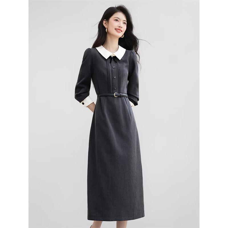 Women's French Style Fake Two-Piece Contrast Panel Midi Dress
