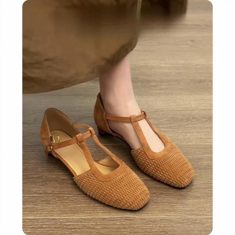 Retro Shoes Woven Sandals Women's Thick-heeled Flip-top Single Shoes