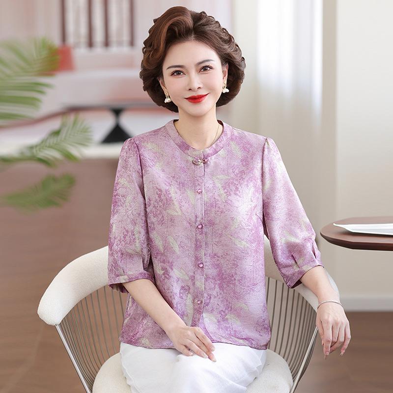 

Mom s Summer Seven-Sleeve Loose-Fit Printed Shirt for Middle-Aged Women, Imitation Silk 3XL (120-135 lbs)