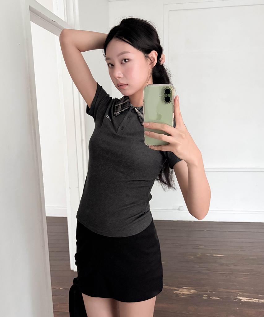 CHICKS Check Point Collared Short Sleeve T-Shirt Charcoal