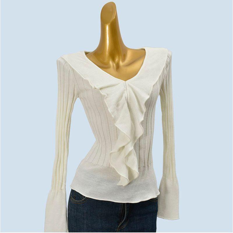 Frill Temperament V-neck Slim fit Knit Women Gyaru Autumn and Winter Western Style Pure Desire Wind Base Inner wear Long sleeve Top