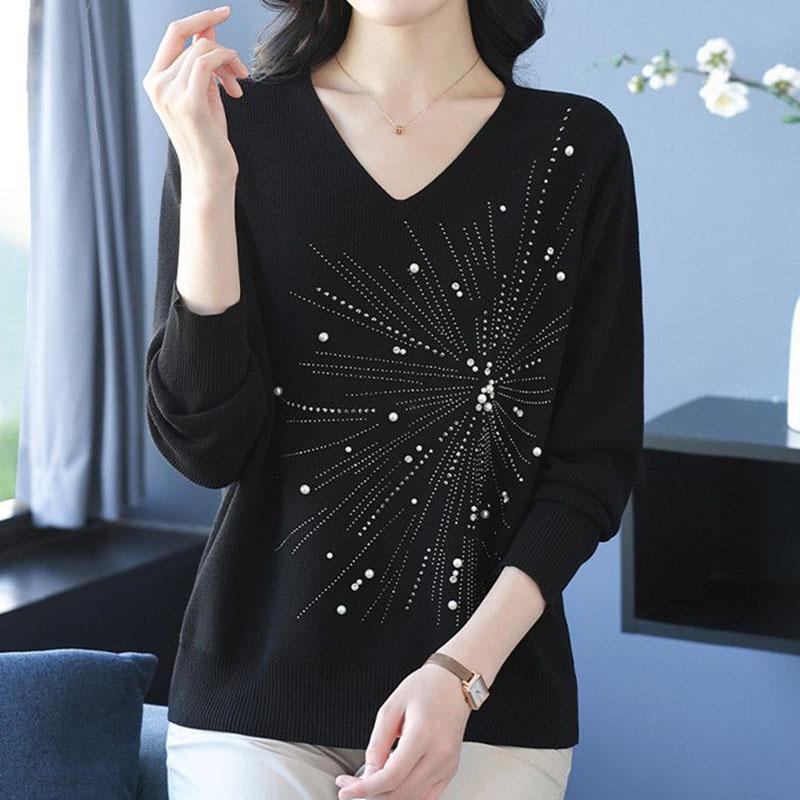 Autumn and Winter Women's V-Neck Sweater Solid Color Loose Beaded Sweater Plus Size Knitted Pullover Top