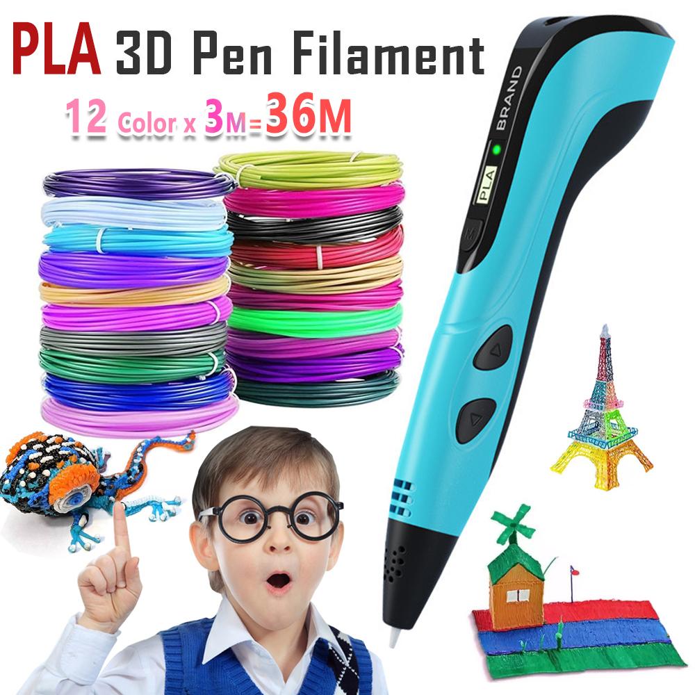 

12/20/30 цветов x 3 м PLA-филамент Детская 3D-ручка Ручка для 3D-рисования и печати с ЖК-экраном для детского образовательного DIY 3D-граффити 12 Colors * 3M синий