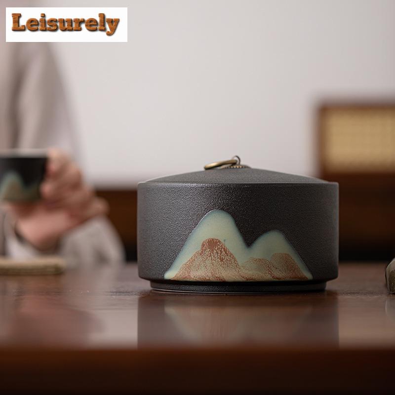 Glazed Painting Colorful Mountains Tea Box Organizer Moisture-proof Japanese Storage Tank Containers Tea Caddy Teaware Ornaments