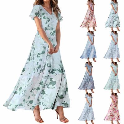 Women's Summer Dresses Casual Short Sleeve Maxi Dresses Cute Floral Maxi Dresses Wedding Guest Dresses Chiffon Flowing Dresses
