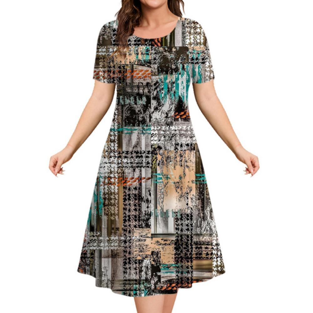 Summer Ladies Retro Casual Dress 3d Printing Loose Round Neck Short-sleeved Dress Suitable for Daily Wear
