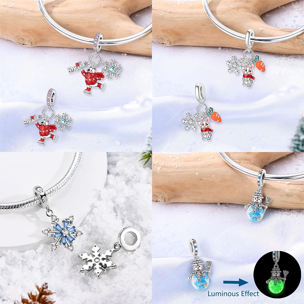 Red Sweater Bear Blue Snowflake Snowman Luminous Pendant Original Copper Bead Fit Bracelet Diy Gift Women Accessory Jewelry