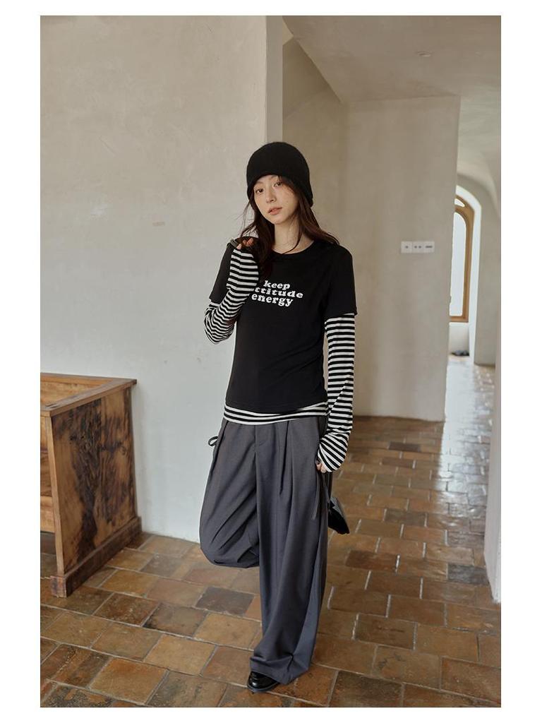 Yimeng 2025 Herbst Eleganz im koreanischen Stil gestreiftes Zwei-in-Eins T-Shirt