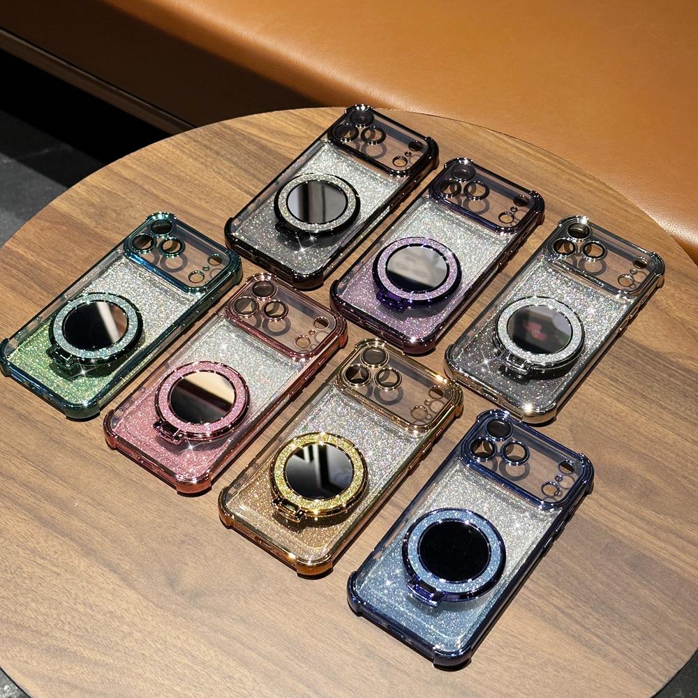 KEYSION Gradient Glitter Magnetic Phone Case for MagSafe for iPhone 17 Pro Max 17 Air Makeup Mirror Ring Stand Shockproof Cover
