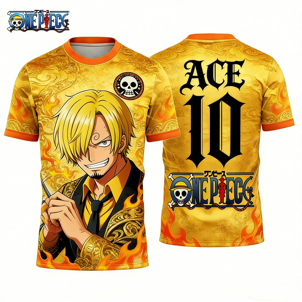 Summer 2026 One Piece Ace X French "Mecha Flame" Soccer 3D Print Breathable Quick-drying T-shirt for Men and Women Top