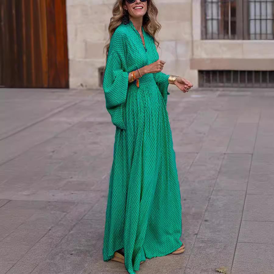 2026 Women's Spring/Summer V-Neck Long Sleeve Loose Dress with Cinched Waist and Wide Hem