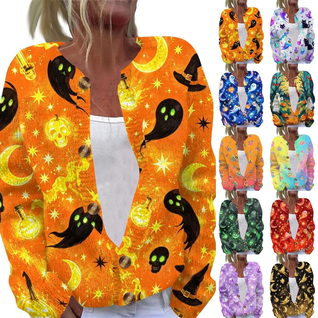 Damen Strickjacke mit langen Ärmeln, zum Knöpfen, Pullover mit Halloween-Print, Leichte Freizeit-Oberbekleidung