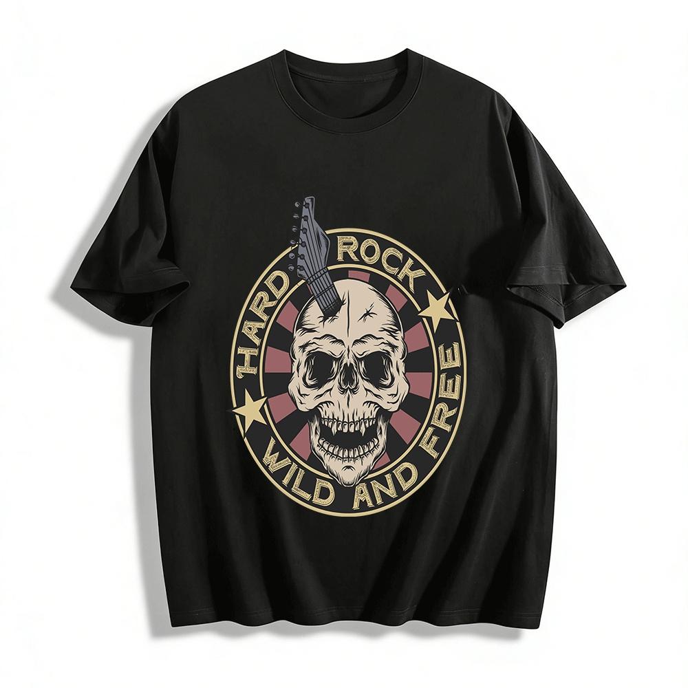 Hard Rock Skull Guitar Print Tee Wild Free Retro Punk Style Top Pure Cotton T-shirt